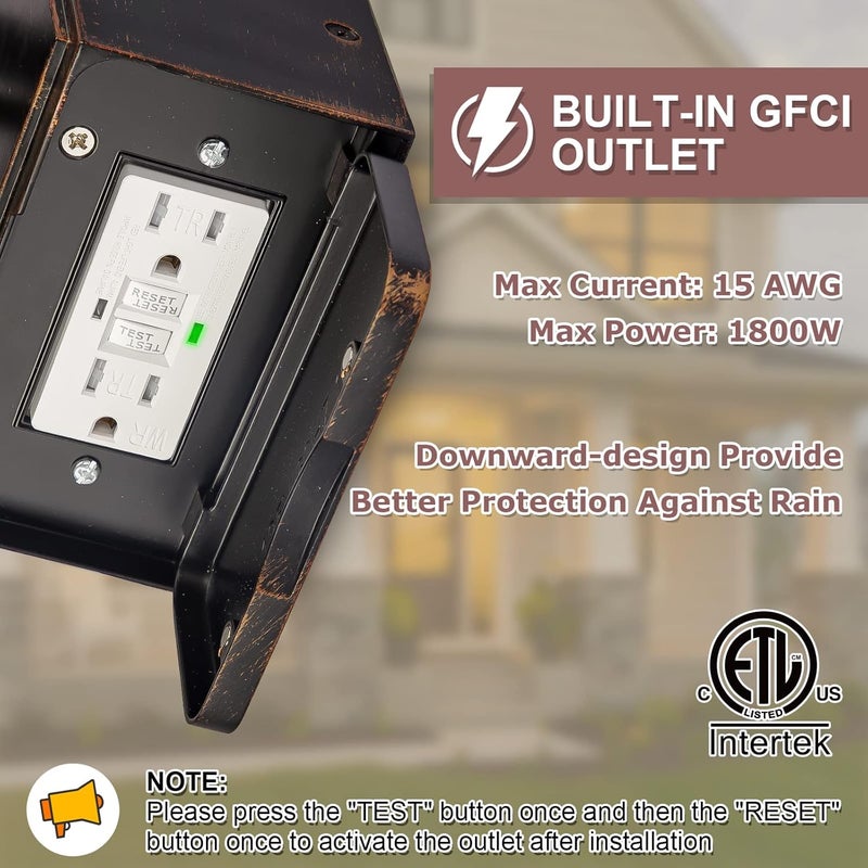 FANDBO Dusk to Dawn Outdoor Wall Lighting with Outlet,Porch Light with GFCI Outlet Built in,Anti-Rust Alunmium Wall Lantern with Clear Glass Shade,Outdoor Light for House Garage, Bulb Included(Brown) - Image 3